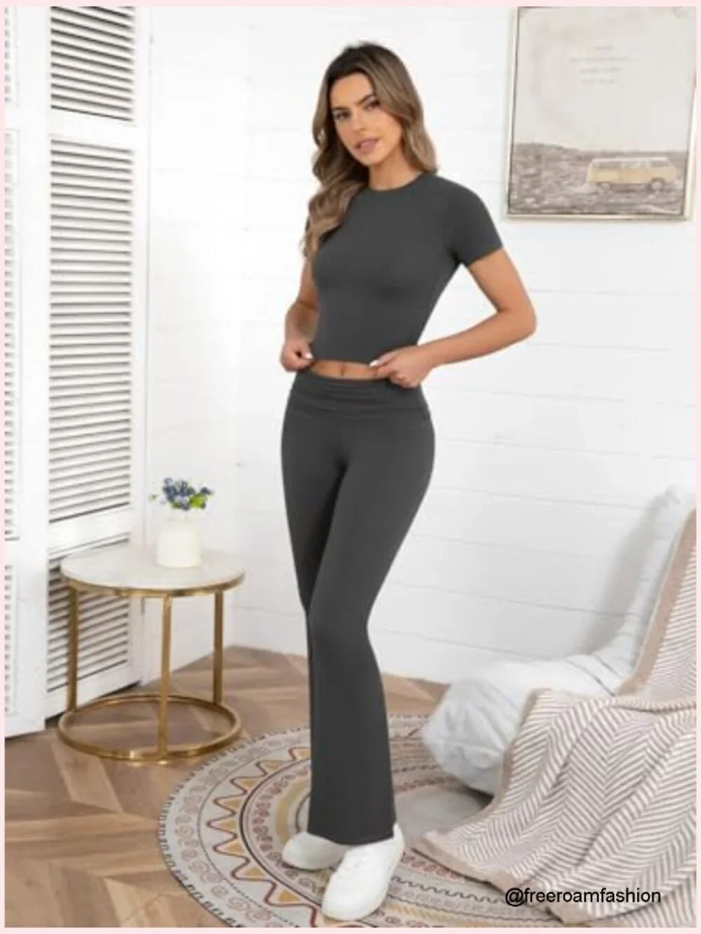 Two Piece Lounge Set - Crop Top & Flare Pants Travel Outfit - Picture 2 of 7